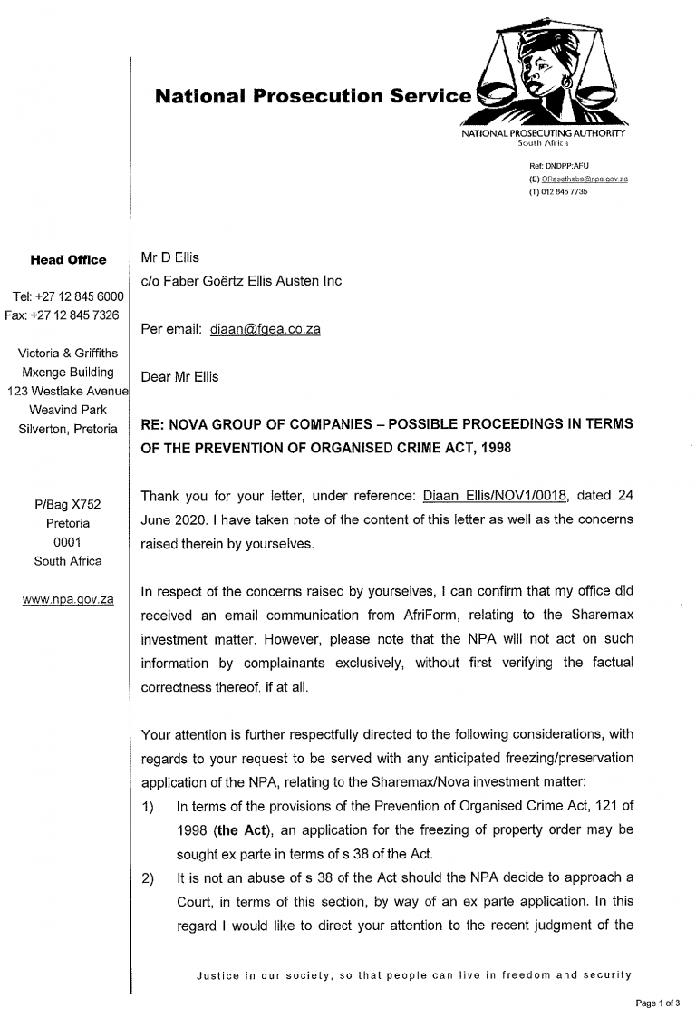 NPA letters of 29 July 2020 to AfriForum and Nova’s attorneys Nova